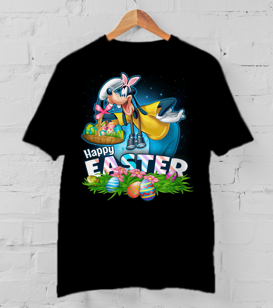 Goofy Holding Easter Basket With Happy Easter Eggs And Flowers T-Shirt