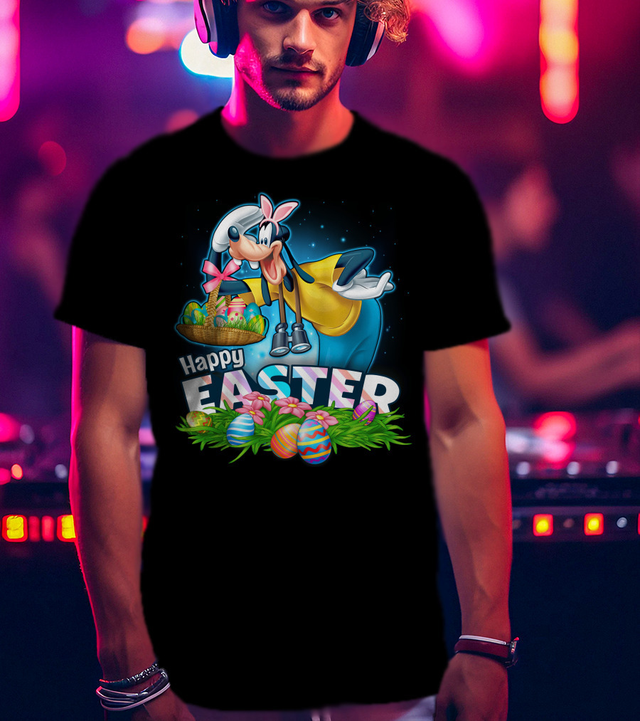 Goofy Holding Easter Basket With Happy Easter Eggs And Flowers T-Shirt