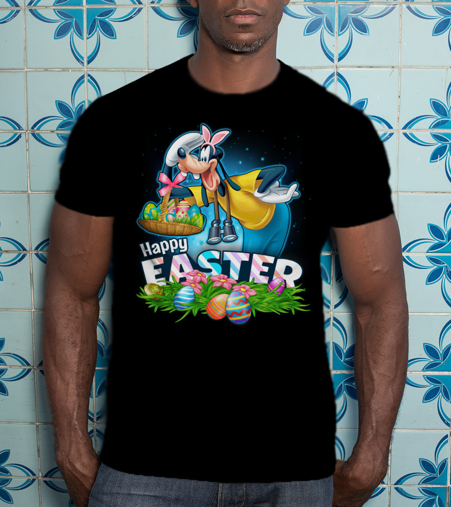 Goofy Holding Easter Basket With Happy Easter Eggs And Flowers T-Shirt