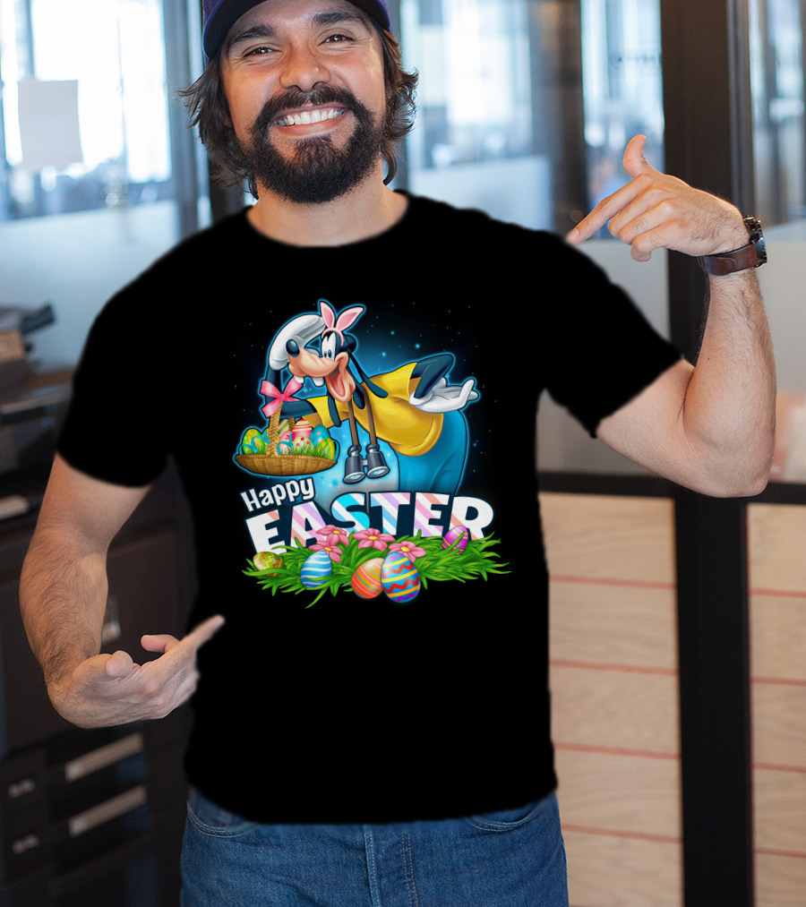 Goofy Holding Easter Basket With Happy Easter Eggs And Flowers T-Shirt