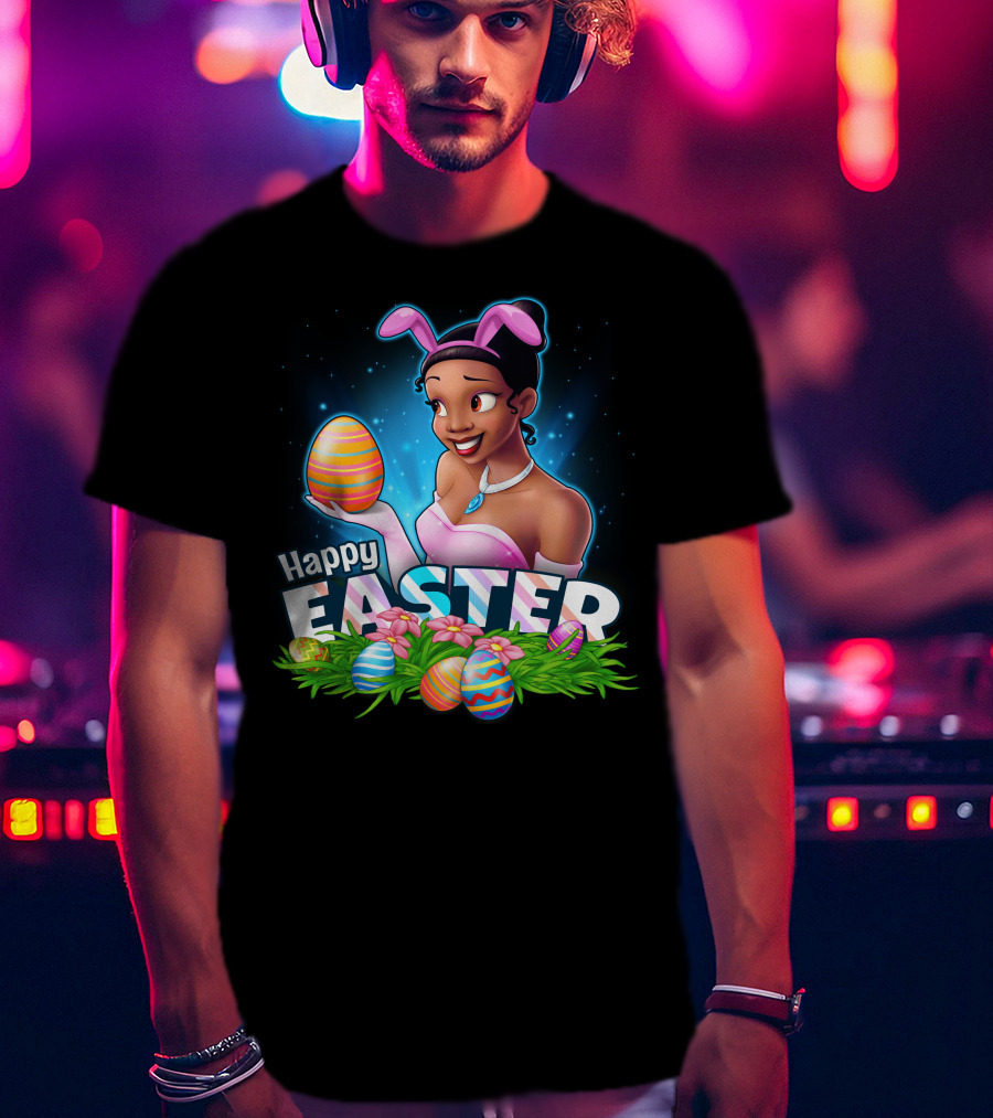Tiana Happy Easter Bunny Ears Colorful Eggs Garden T-Shirt
