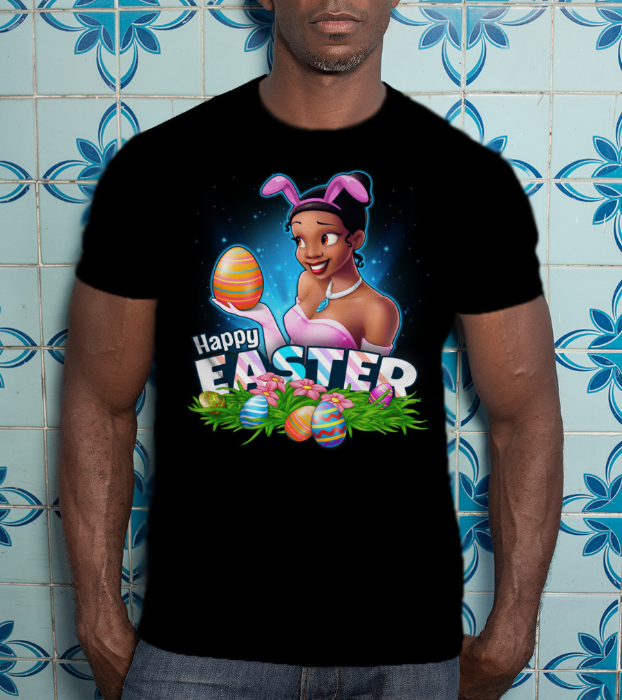 Tiana Happy Easter Bunny Ears Colorful Eggs Garden T-Shirt