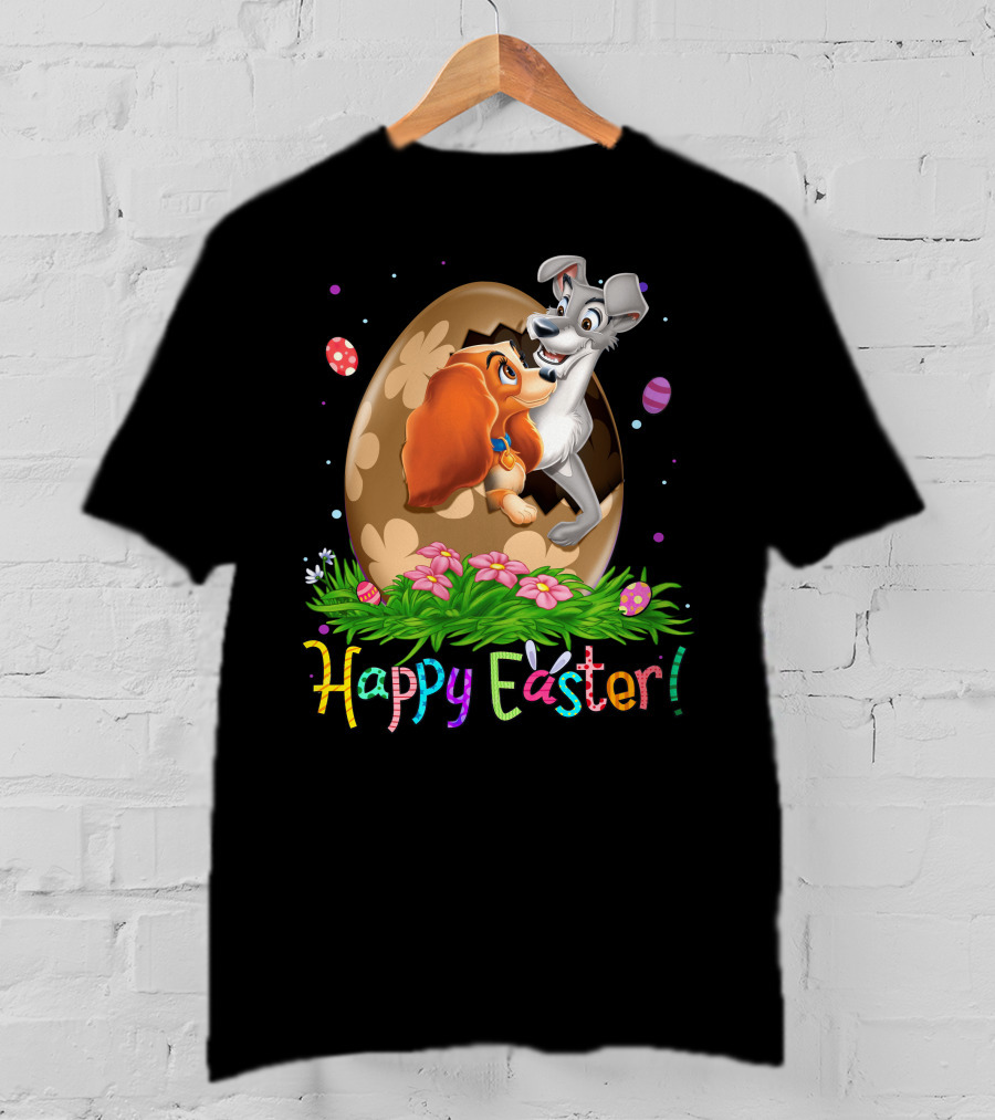 Lady And The Tramp Happy Easter Egg Scene With Colorful Flowers And Eggs T-Shirt