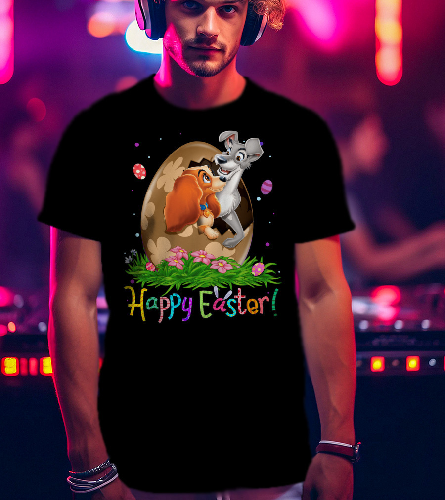Lady And The Tramp Happy Easter Egg Scene With Colorful Flowers And Eggs T-Shirt