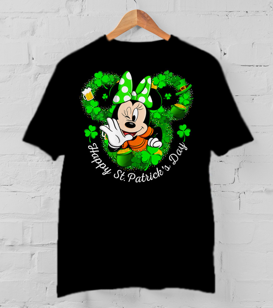 Minnie Mouse Happy St. Patrick's Day Shamrocks And Leprechaun Hat T-Shirt