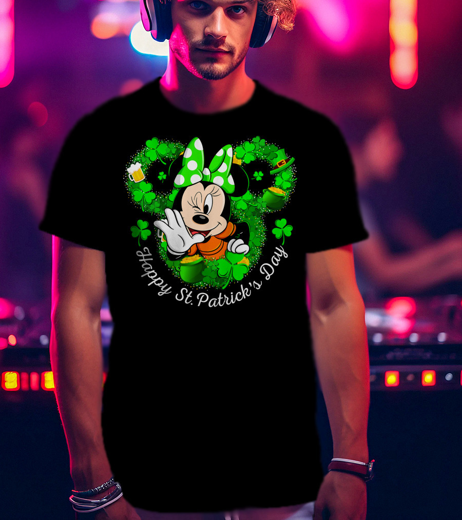 Minnie Mouse Happy St. Patrick's Day Shamrocks And Leprechaun Hat T-Shirt