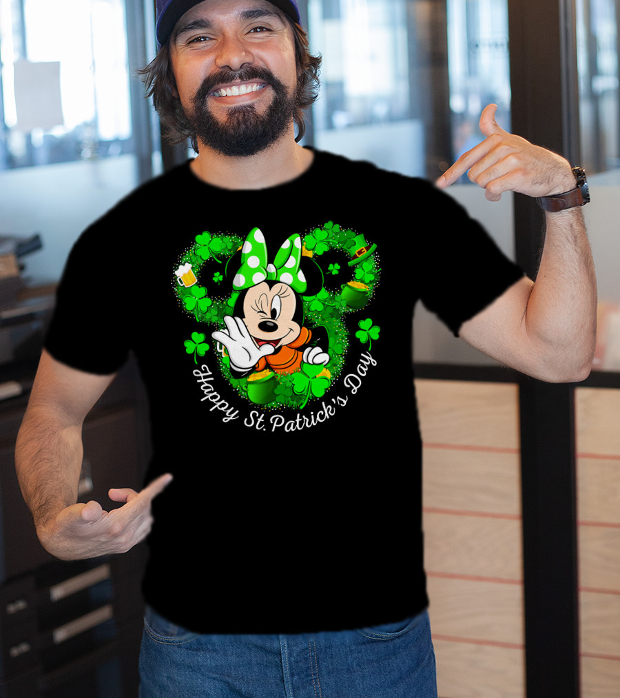 Minnie Mouse Happy St. Patrick's Day Shamrocks And Leprechaun Hat T-Shirt