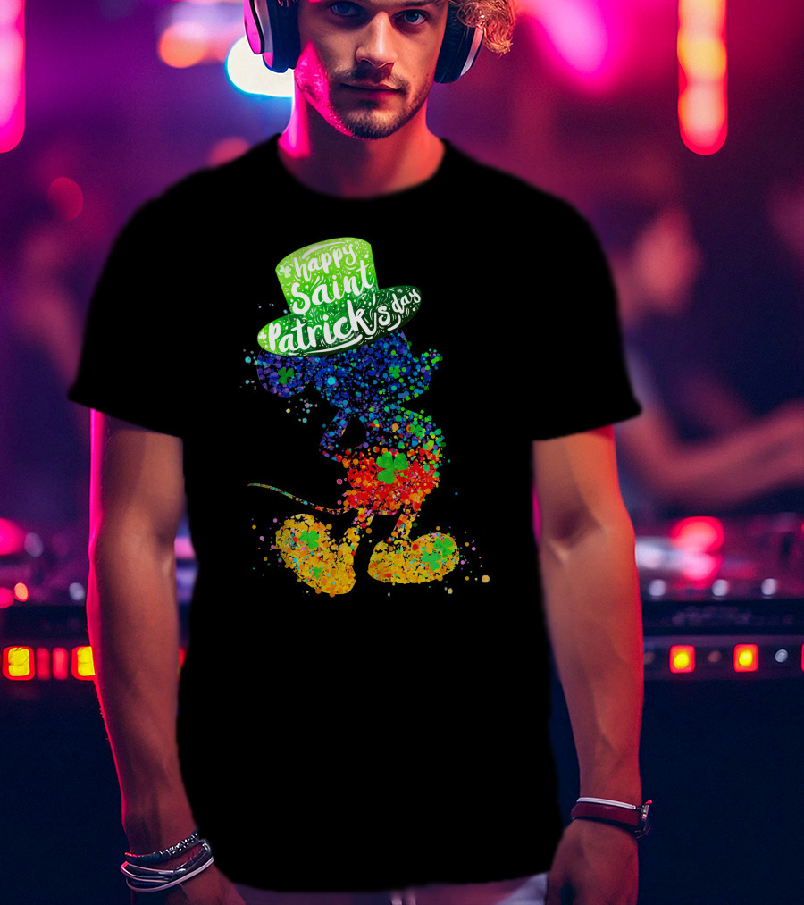 Happy Saint Patrick's Day Mickey Mouse Colorful Splatter Art T-Shirt