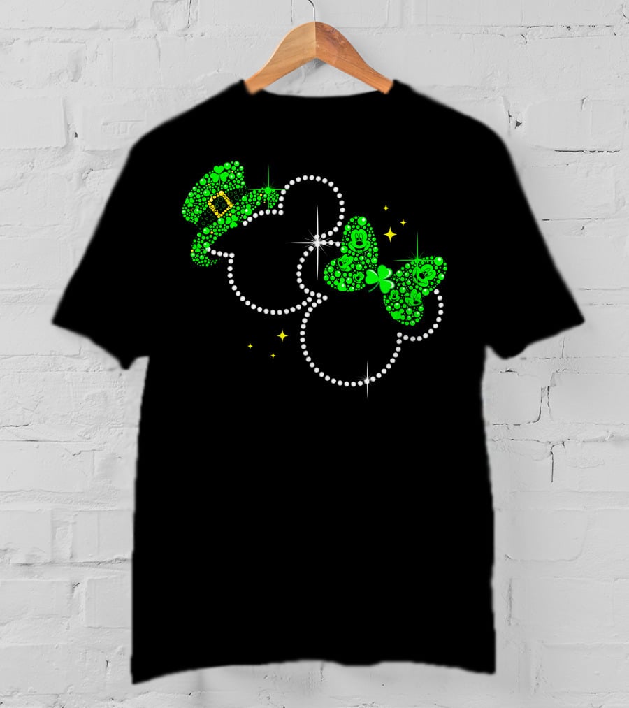 Mickey Minnie St. Patrick's Day Sparkling Green Hat And Bow T-Shirt