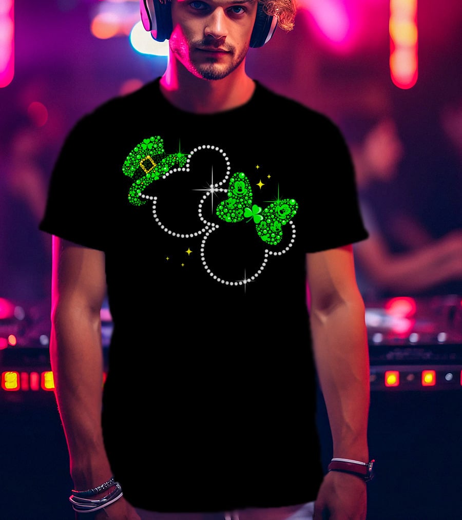 Mickey Minnie St. Patrick's Day Sparkling Green Hat And Bow T-Shirt