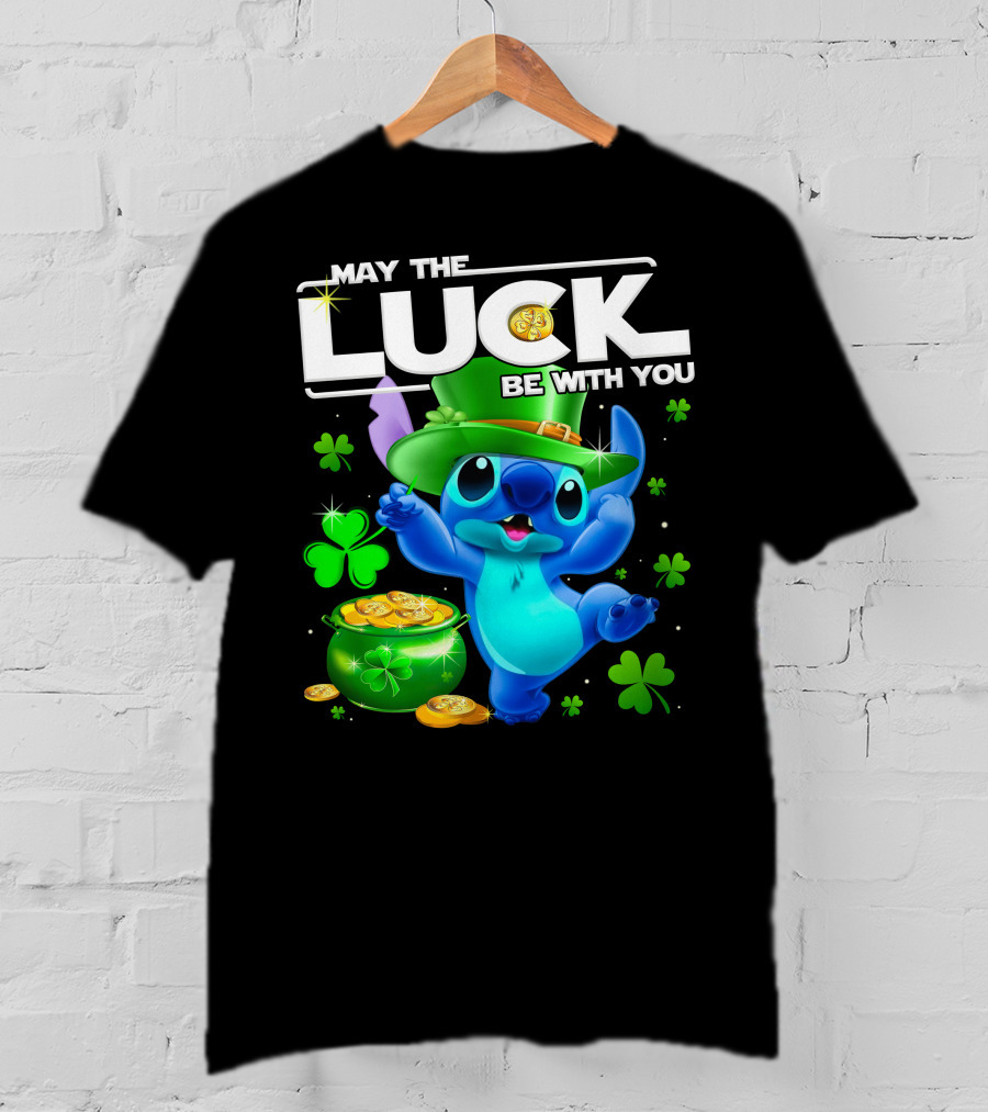 Stitch May The Luck Be With You Featuring Green Hat And Shamrocks T-Shirt