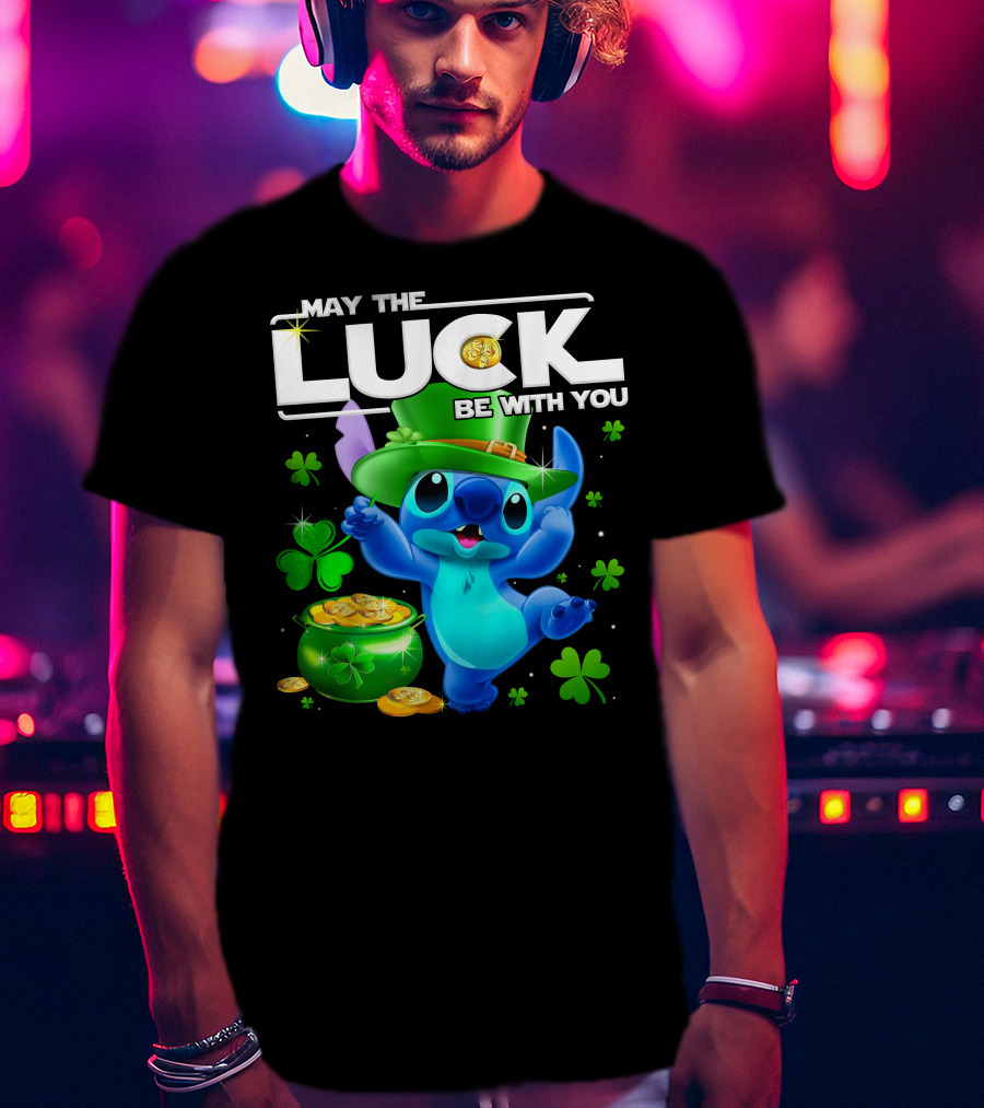 Stitch May The Luck Be With You Featuring Green Hat And Shamrocks T-Shirt
