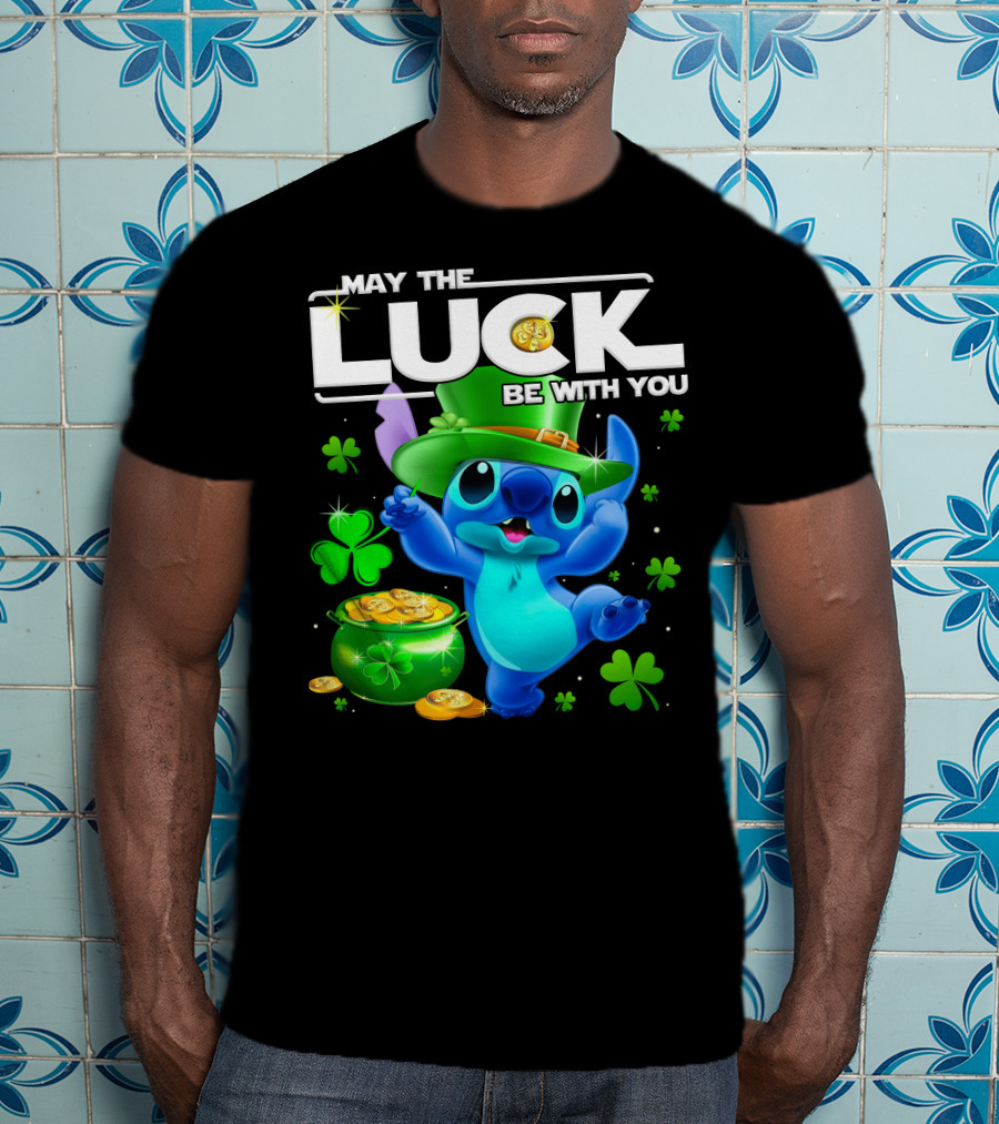 Stitch May The Luck Be With You Featuring Green Hat And Shamrocks T-Shirt