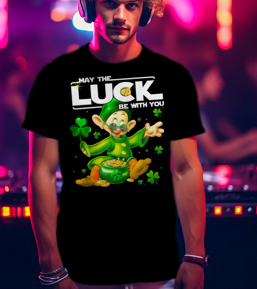 Dopey May The Luck Be With You Leprechaun Green Outfit Coins Shamrocks T-Shirt