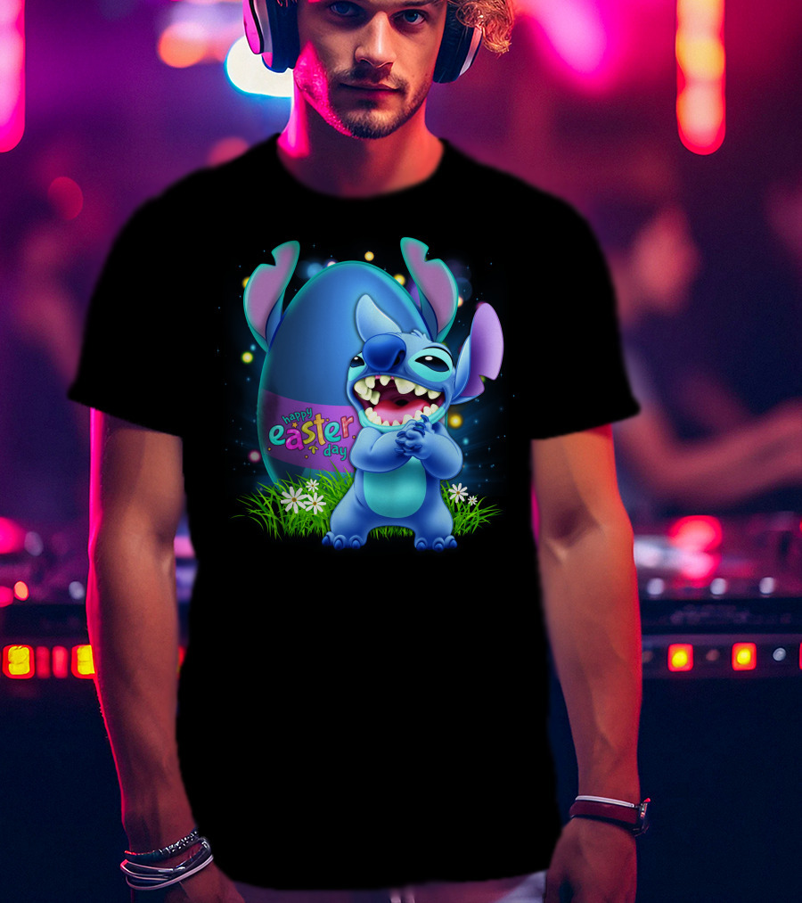Happy Easter Day Stitch With Easter Egg And Flowers T-Shirt