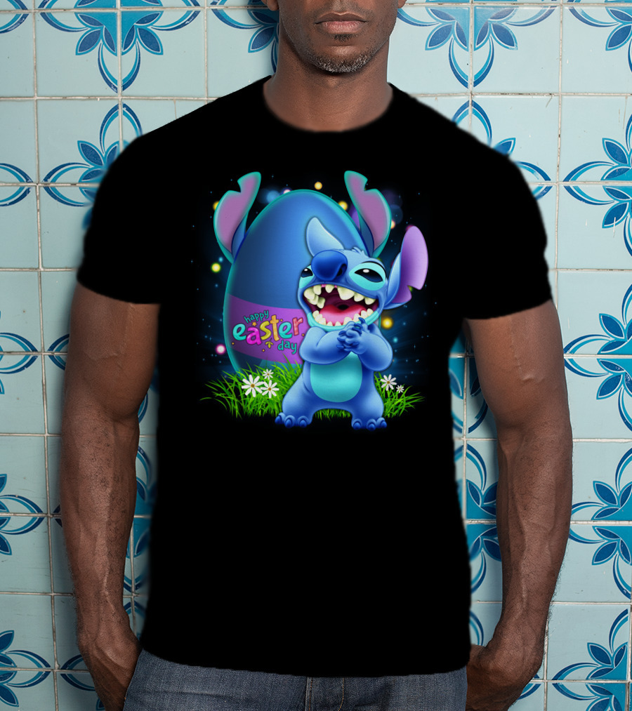 Happy Easter Day Stitch With Easter Egg And Flowers T-Shirt