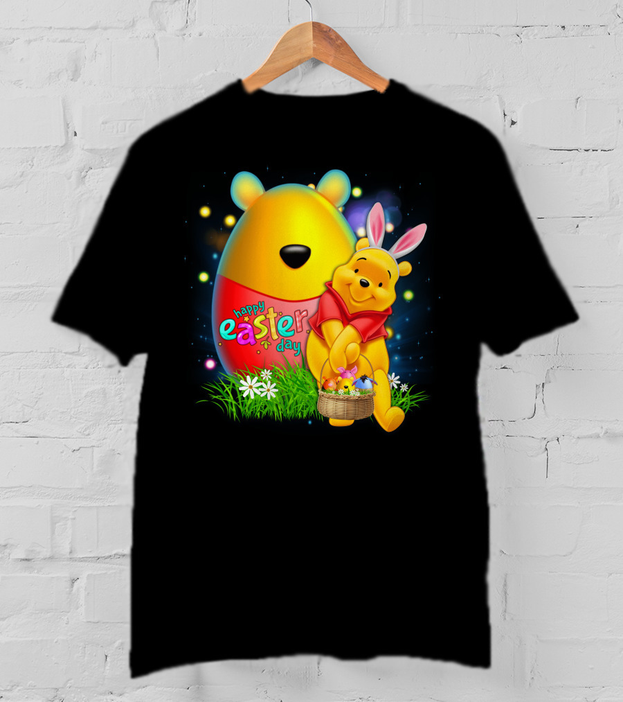 Happy Easter Day Pooh With Basket And Bunny Ears T-Shirt