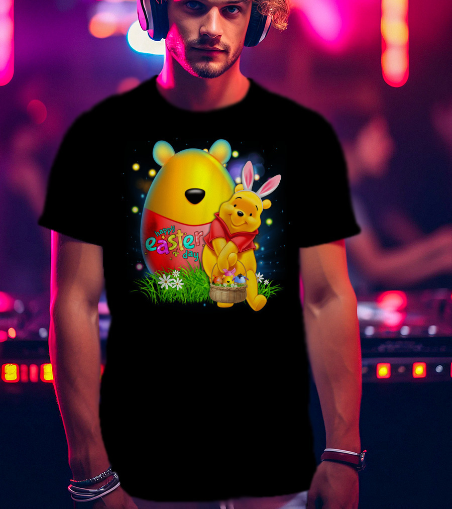 Happy Easter Day Pooh With Basket And Bunny Ears T-Shirt