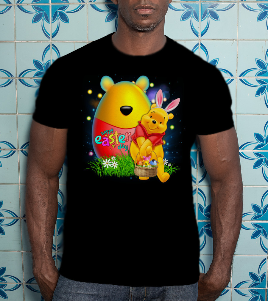 Happy Easter Day Pooh With Basket And Bunny Ears T-Shirt