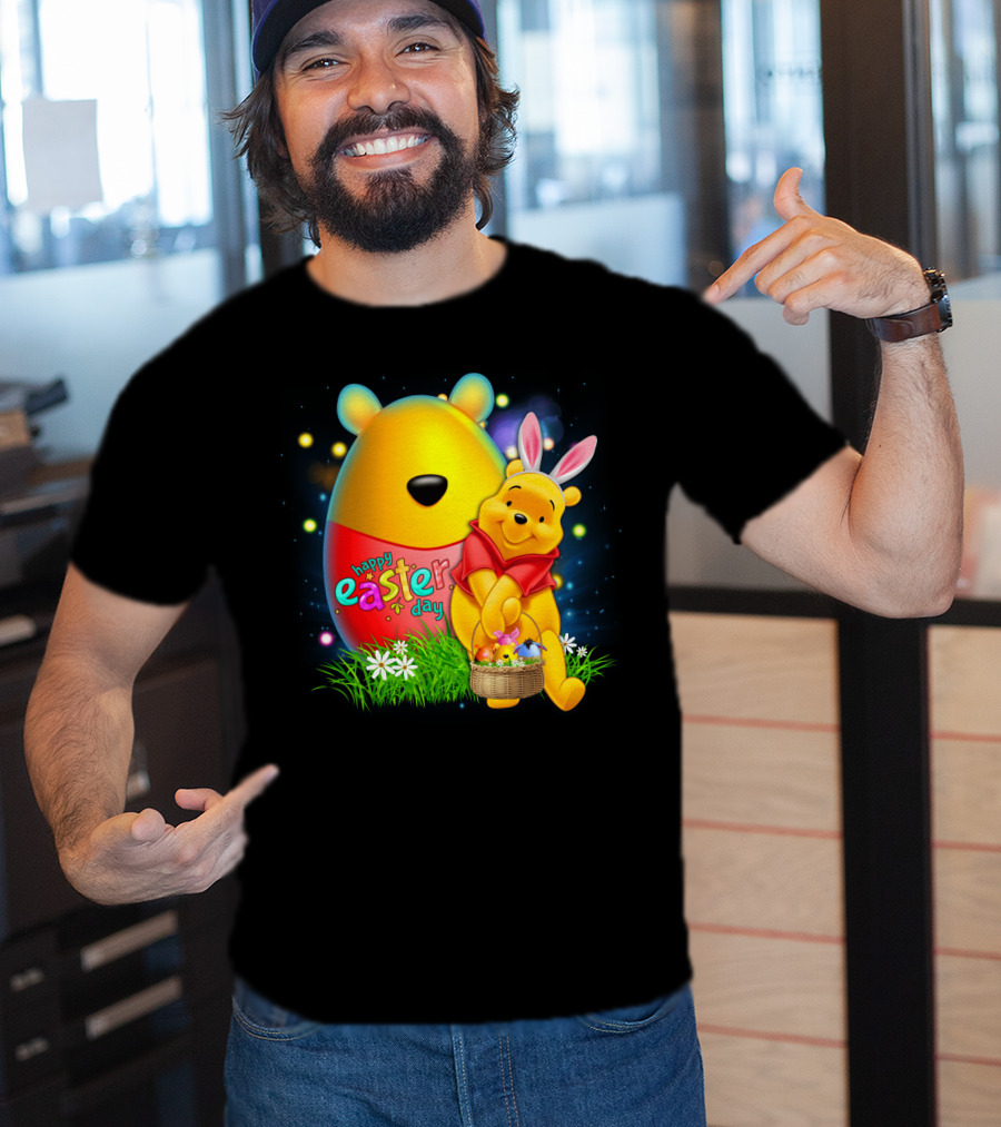 Happy Easter Day Pooh With Basket And Bunny Ears T-Shirt
