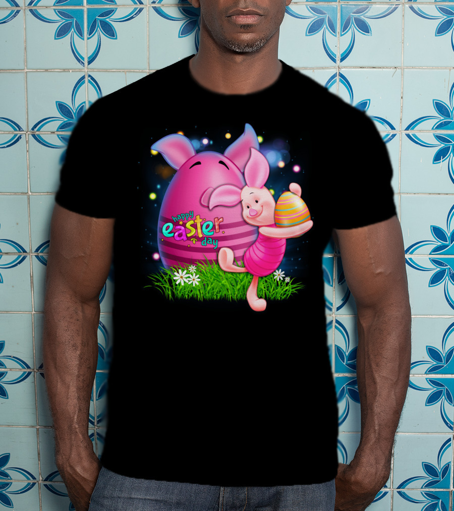 Happy Easter Day Piglet With Colorful Eggs T-Shirt