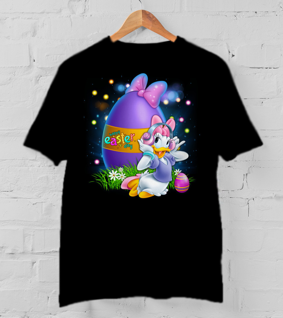 Daisy Duck Happy Easter Day Pink Bow Large Egg And Flowers T-Shirt