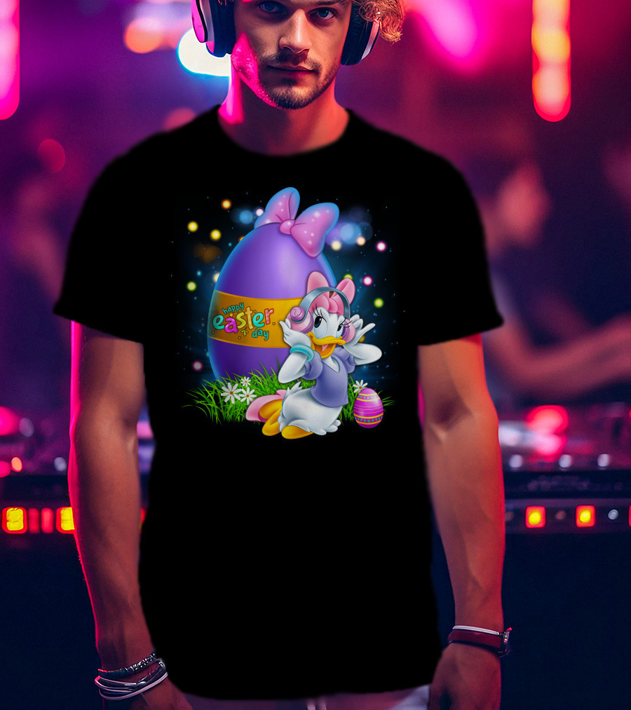 Daisy Duck Happy Easter Day Pink Bow Large Egg And Flowers T-Shirt