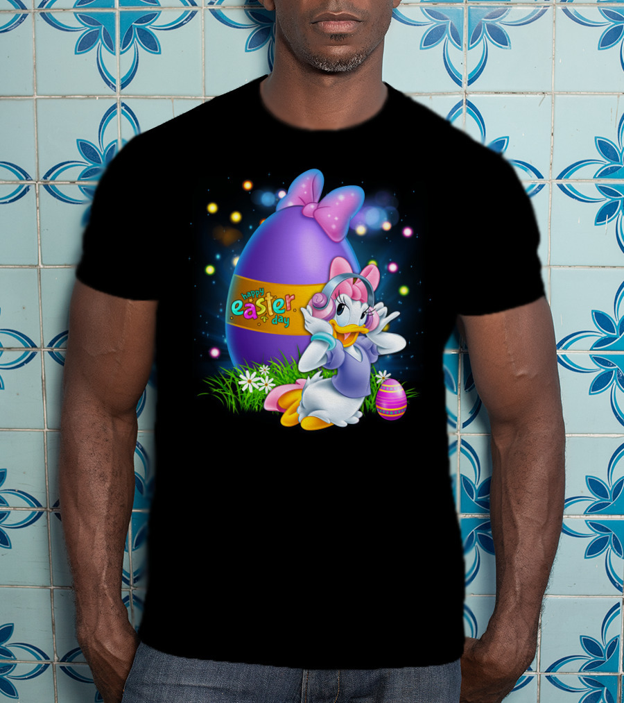 Daisy Duck Happy Easter Day Pink Bow Large Egg And Flowers T-Shirt