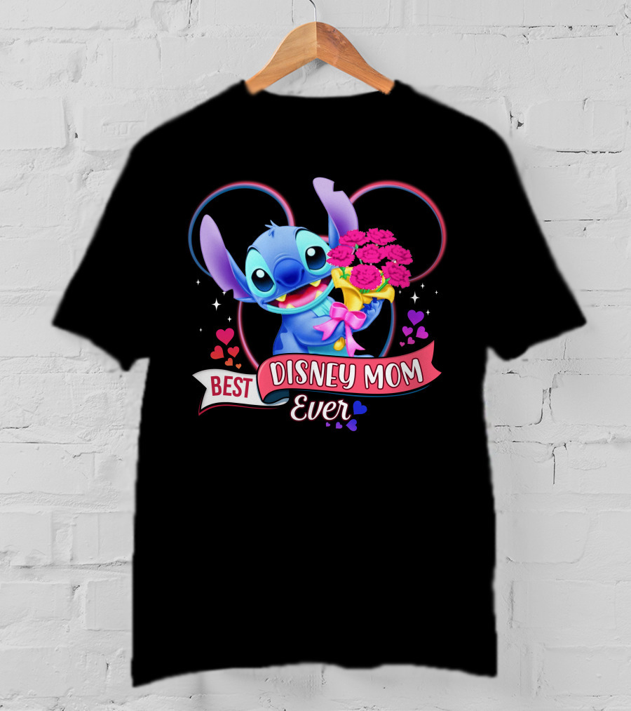 Best Disney Mom Ever Stitch With Flowers And Hearts T-Shirt