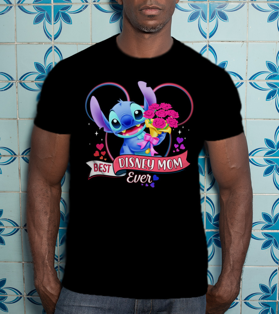 Best Disney Mom Ever Stitch With Flowers And Hearts T-Shirt