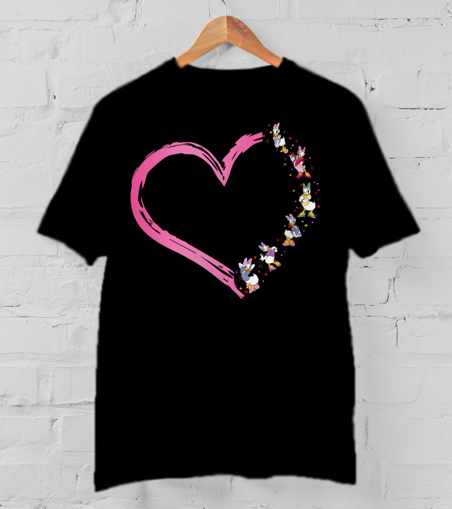 Daisy Duck Heart Shape With Pink Outline And Floral Elements T-Shirt