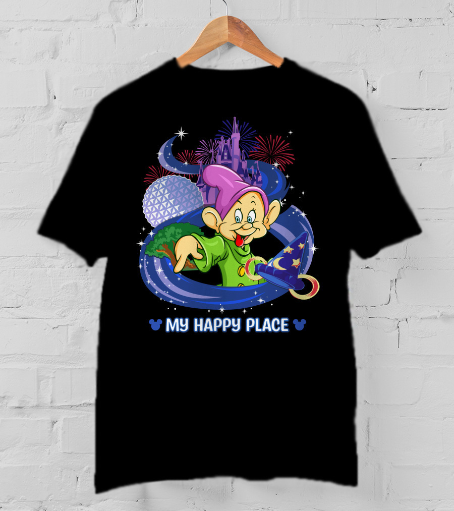Dopey My Happy Place Epcot Castle Fireworks Sorcerer Hat T-Shirt