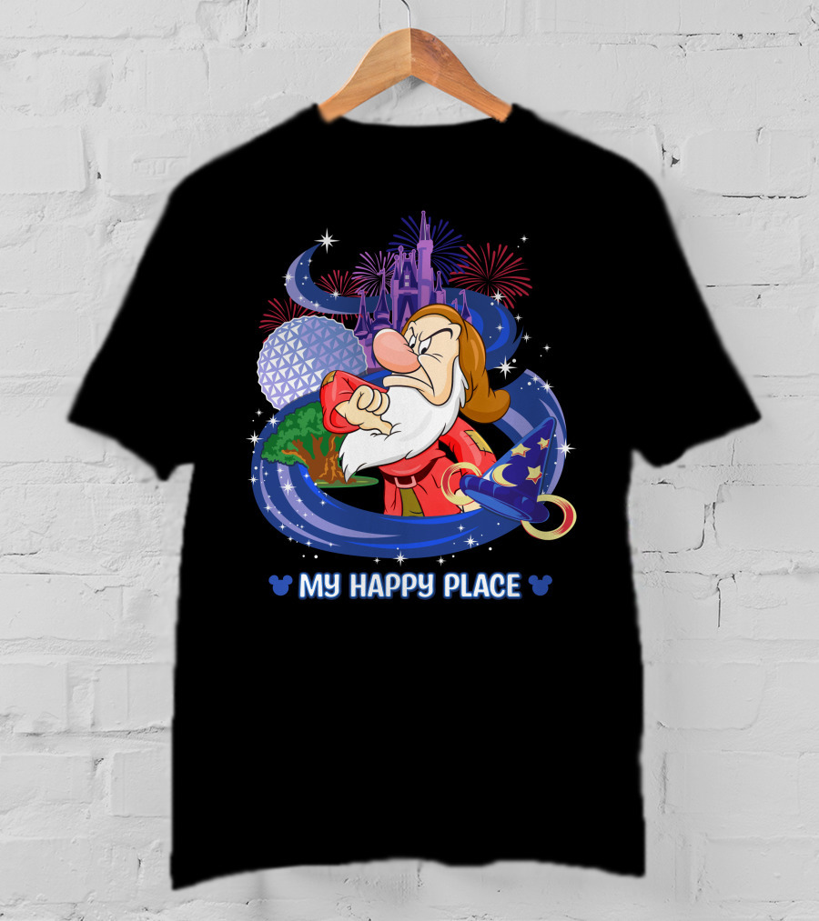 Grumpy My Happy Place Disney Castle Fireworks Epcot Sorcerer Hat T-Shirt