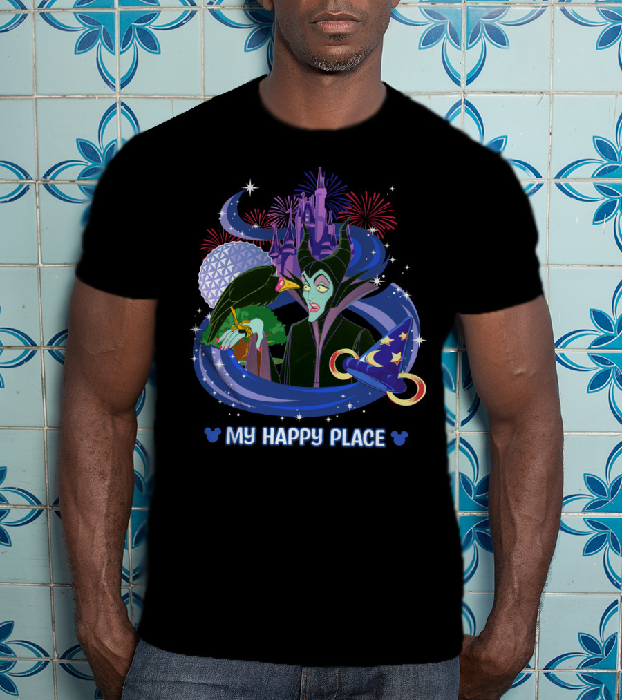 Maleficent My Happy Place Disney Castle Fireworks Mickey Sorcerer Hat T-Shirt