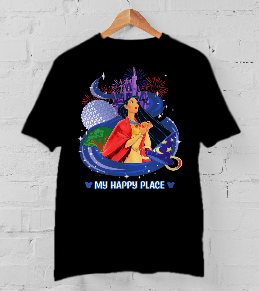 Pocahontas Disney My Happy Place Castle Fireworks Sorcerer Hat Epcot T-Shirt