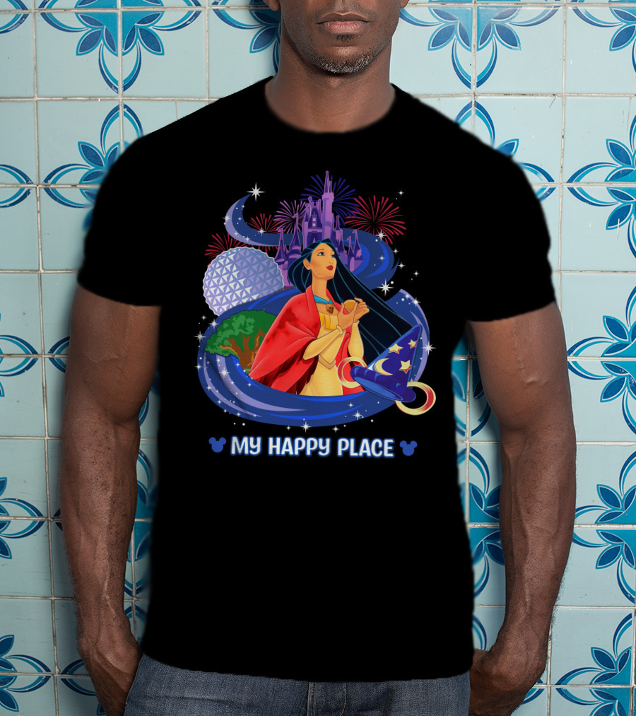 Pocahontas Disney My Happy Place Castle Fireworks Sorcerer Hat Epcot T-Shirt