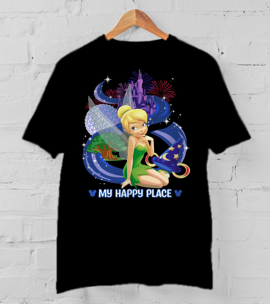 Tinker Bell My Happy Place Disney Castle Epcot Fireworks Wizard Hat T-Shirt