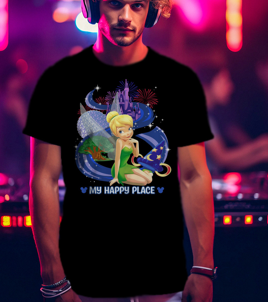 Tinker Bell My Happy Place Disney Castle Epcot Fireworks Wizard Hat T-Shirt