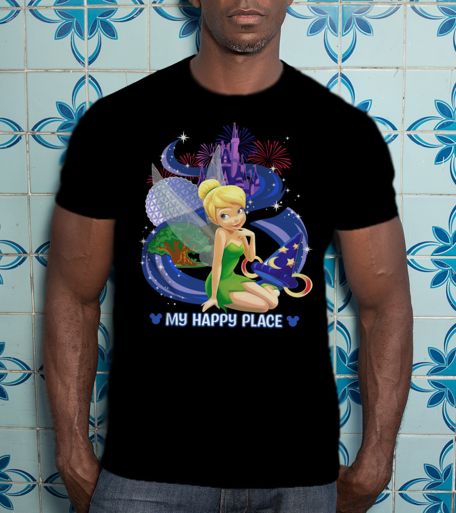Tinker Bell My Happy Place Disney Castle Epcot Fireworks Wizard Hat T-Shirt