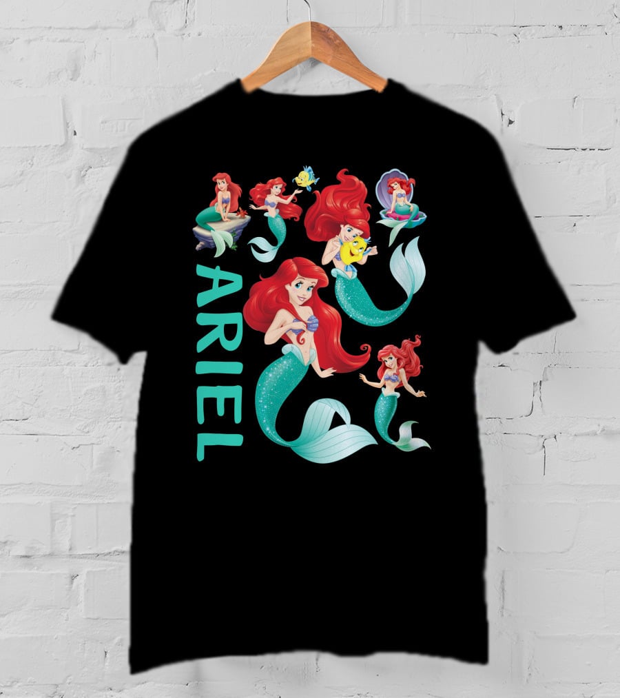 Ariel Mermaid Adventures With Flounder And Shell In Blue Teal Letters T-Shirt
