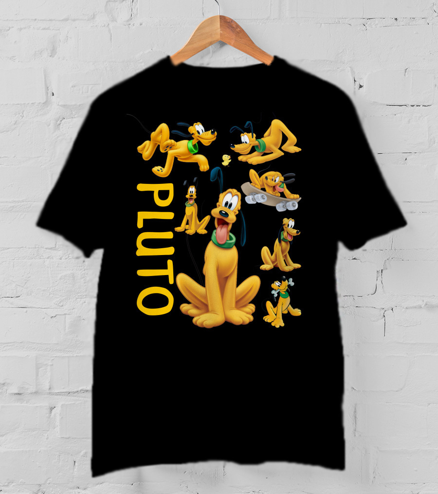 Pluto Character Poses Collection With Skateboarding And Chewy Bone T-Shirt