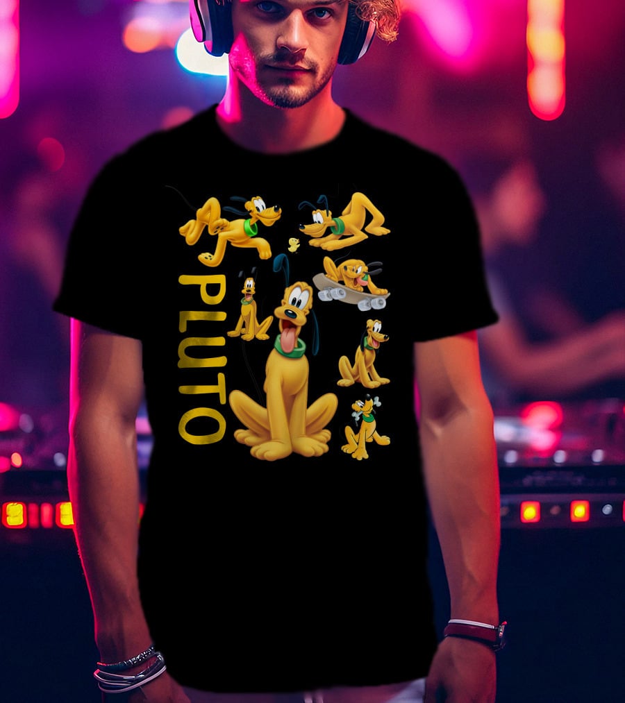 Pluto Character Poses Collection With Skateboarding And Chewy Bone T-Shirt