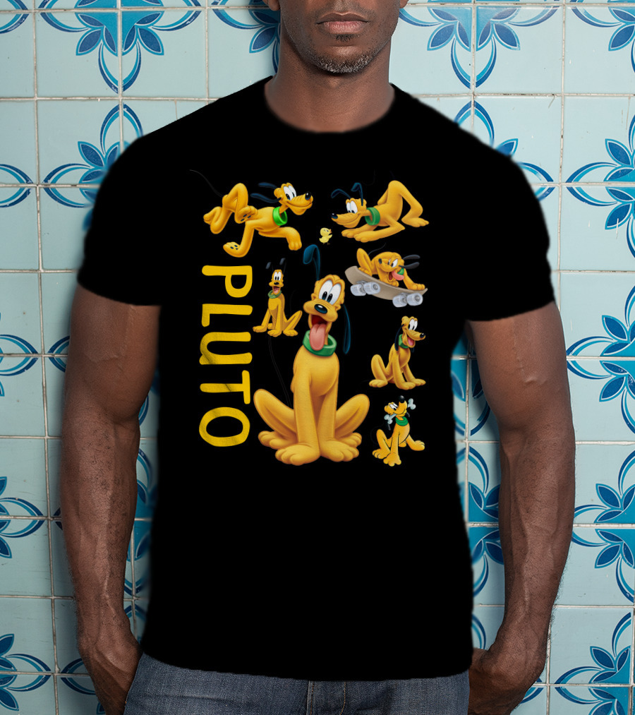 Pluto Character Poses Collection With Skateboarding And Chewy Bone T-Shirt