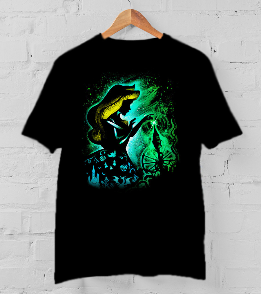 Sleeping Beauty Silhouette With Spinning Wheel And Enchanted Forest Elements T-Shirt