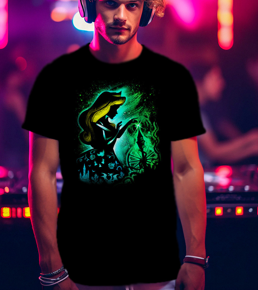 Sleeping Beauty Silhouette With Spinning Wheel And Enchanted Forest Elements T-Shirt