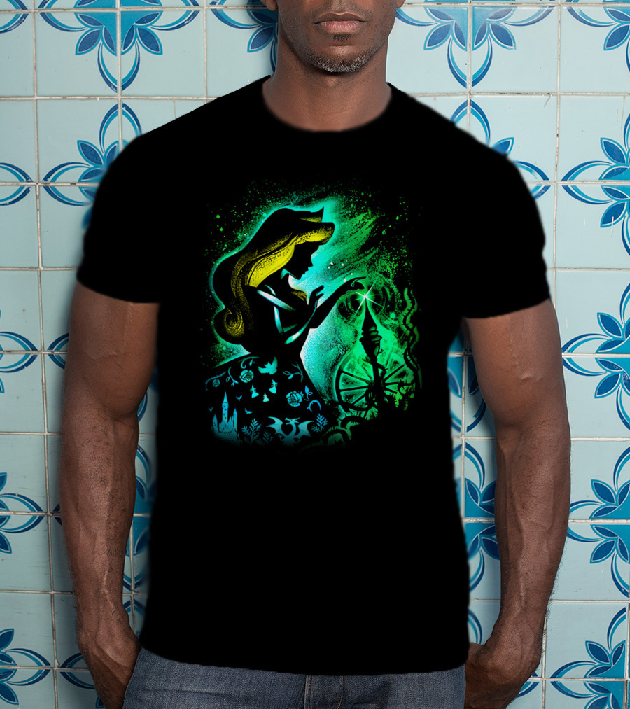 Sleeping Beauty Silhouette With Spinning Wheel And Enchanted Forest Elements T-Shirt