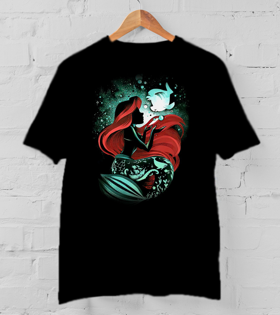 Ariel Mermaid Silhouette With Fish And Red Hair T-Shirt