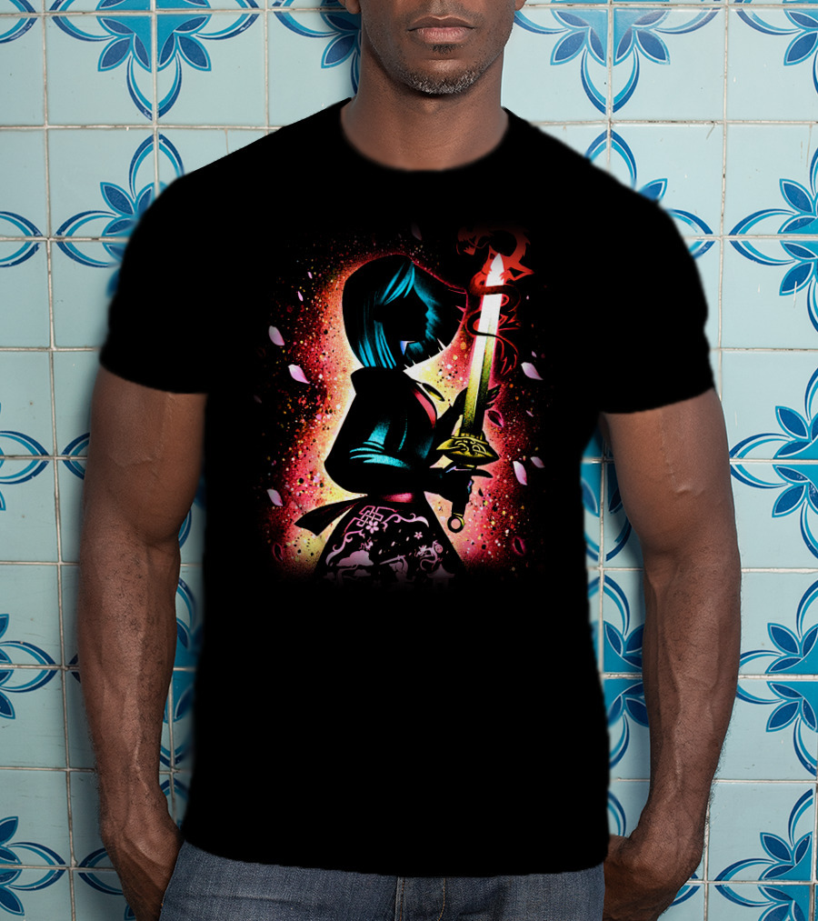 Mulan Silhouette With Sword And Floral Motif T-Shirt