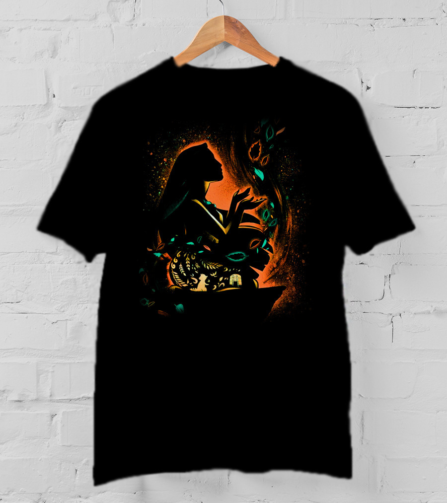 Pocahontas Silhouette With Colorful Leaves And Nature Elements T-Shirt