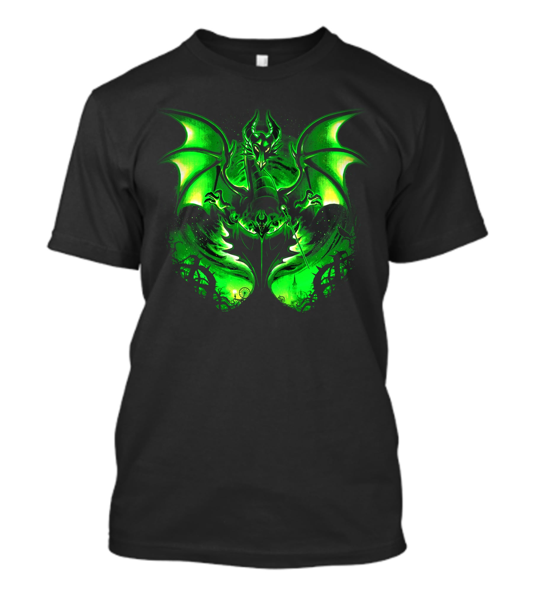 Maleficent 2 Dark Green Dragon Art Fantastical Scene Ravens Winding Thorns T-Shirt